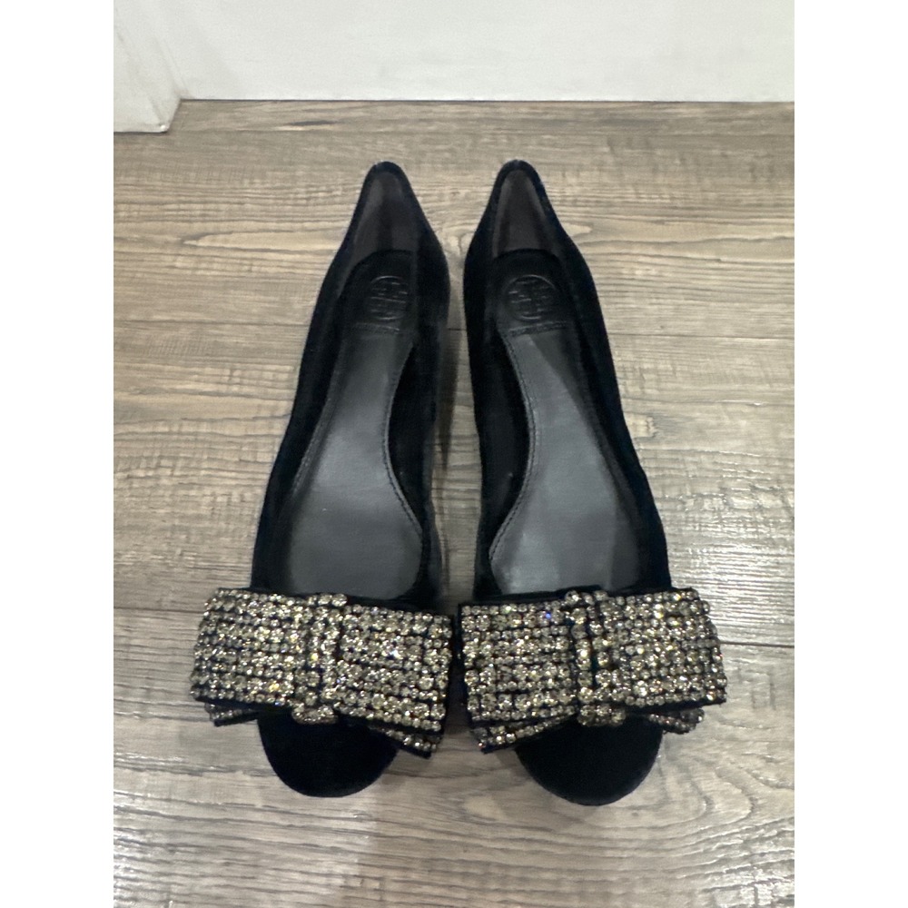 Tory Burch Black Velvet Crystal Embellished Bow Pumps Low Block Heel 6M
